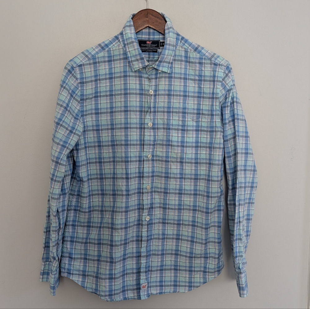 Men's Vineyard Vines Murray Slim Fit Cotton Plaid Pink Blue Medium - Picture 1 of 4
